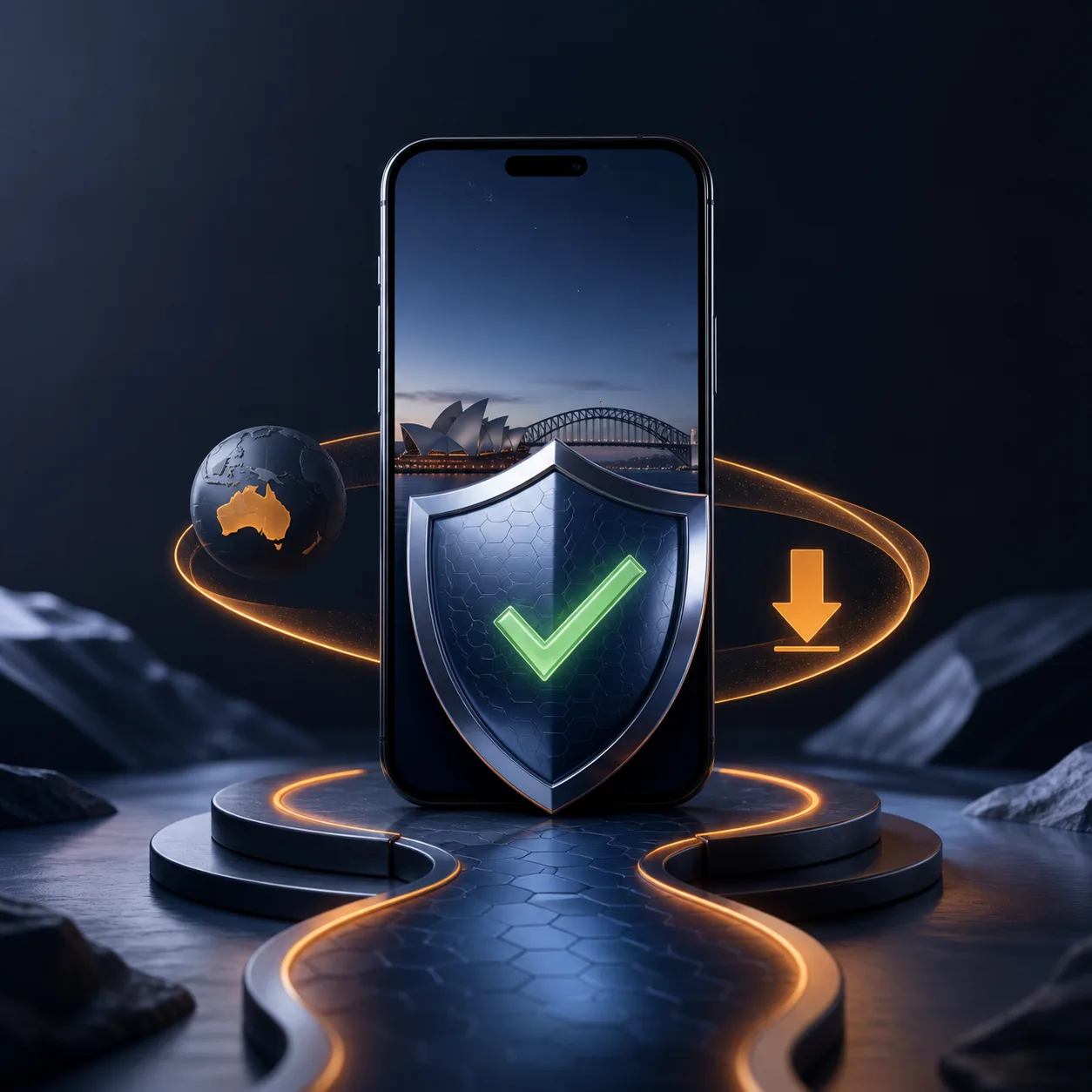 Mobile download safety concept with a phone, shield and verified browser path