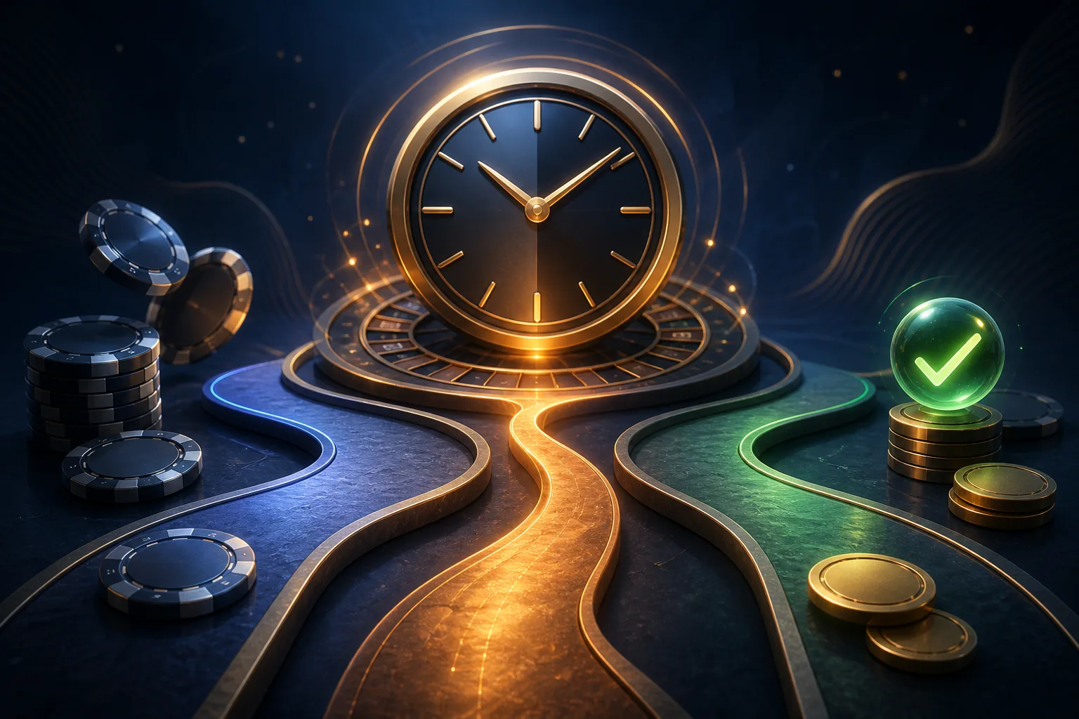 Slotozen bonus terms concept with a clock, tokens and a clear path through conditions