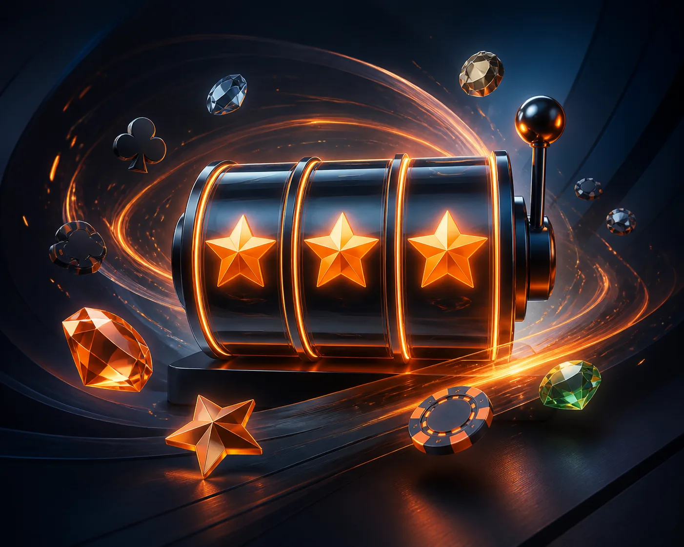 Slotozen free-spins concept with illuminated reels and abstract green and orange motion