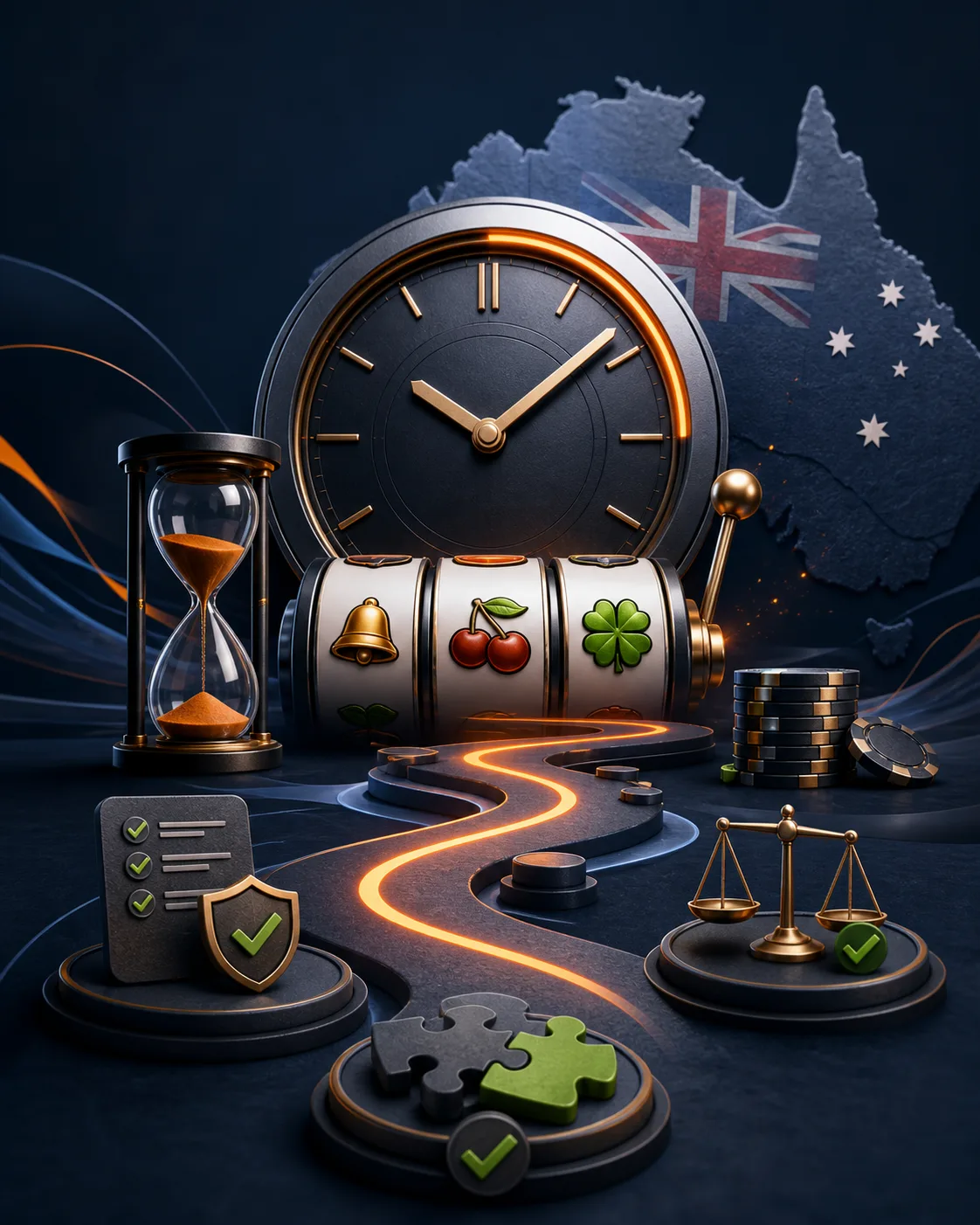 Slotozen free-spins timing concept with a clock, reels and a clear conditions path