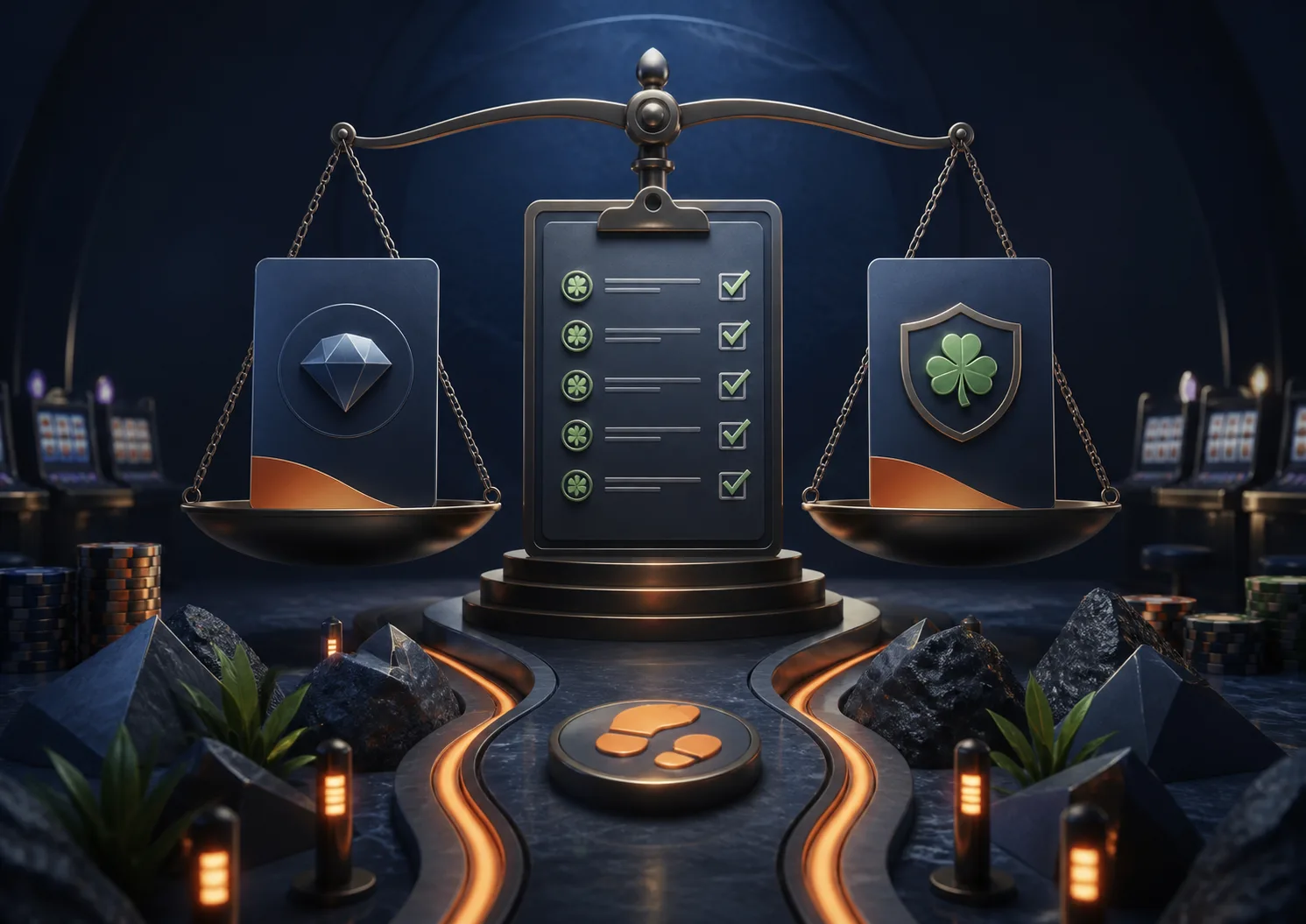 Slotozen no-deposit terms concept with balanced condition cards and a cautious decision path