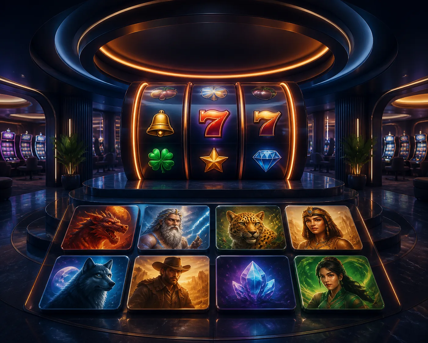 Slotozen slot lobby illustration with illuminated reels and a dark casino palette